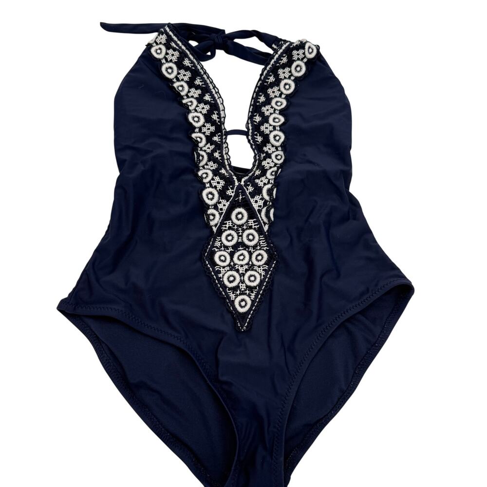 Kona Sol Navy Embroidered Plunge Bust Strappy Halter One Piece Swimsuit Medium